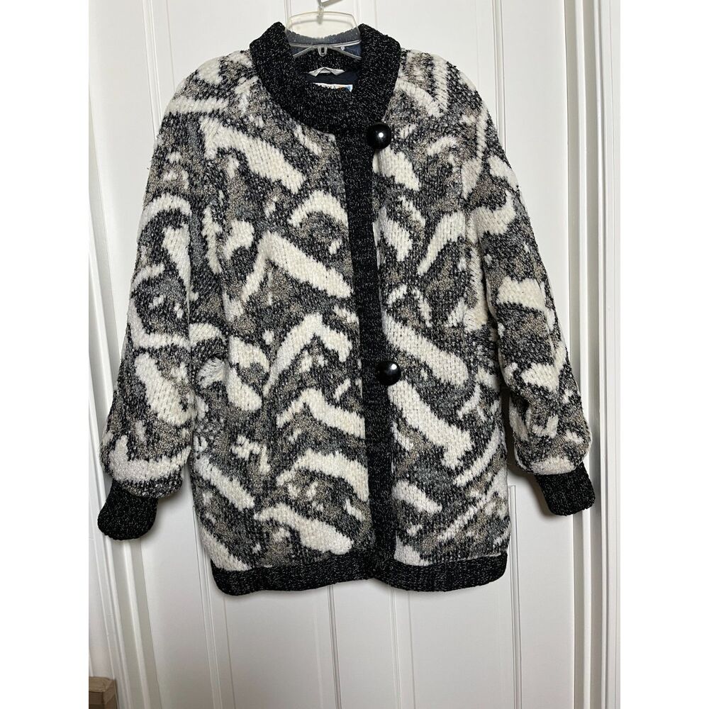 Vintage Claudia Barnes L Cozy Oversized Sweater Coat Black White Abstract 80s